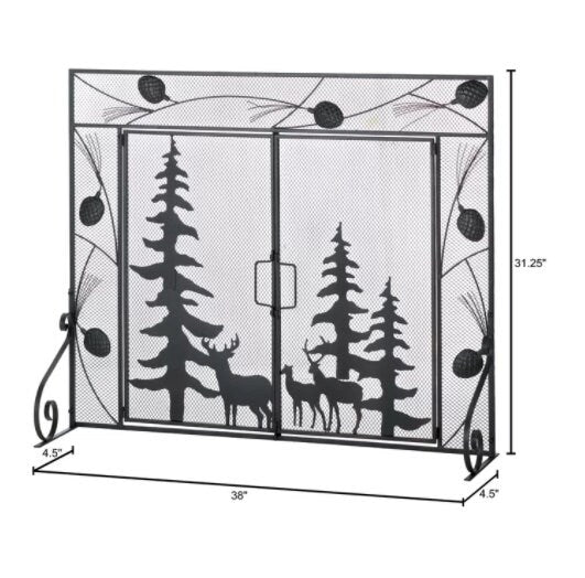 Fireplace Screen, Lodge Cabin Mountain Style Home Decoration, Fire Spark Guard & Safety Fence, Metal Mesh with Door, 31.25" Tall