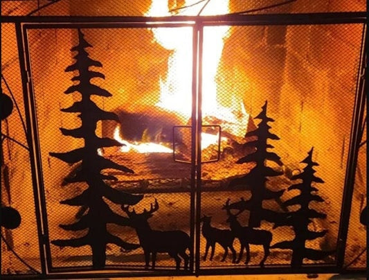 Fireplace Screen, Lodge Cabin Mountain Style Home Decoration, Fire Spark Guard & Safety Fence, Metal Mesh with Door, 31.25" Tall