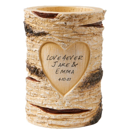 Romantic Couples Personalized  Anniversary Gift, Rustic Wedding Candle Holder, Memorable Gift, and Keepsake, Resin with Wood Veneer Finish