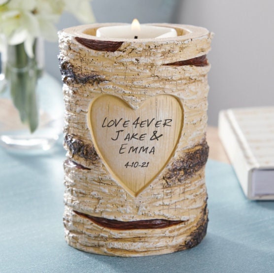 Romantic Couples Personalized  Anniversary Gift, Rustic Wedding Candle Holder, Memorable Gift, and Keepsake, Resin with Wood Veneer Finish