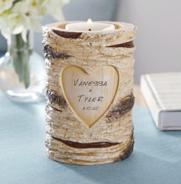 Romantic Couples Personalized  Anniversary Gift, Rustic Wedding Candle Holder, Memorable Gift, and Keepsake, Resin with Wood Veneer Finish