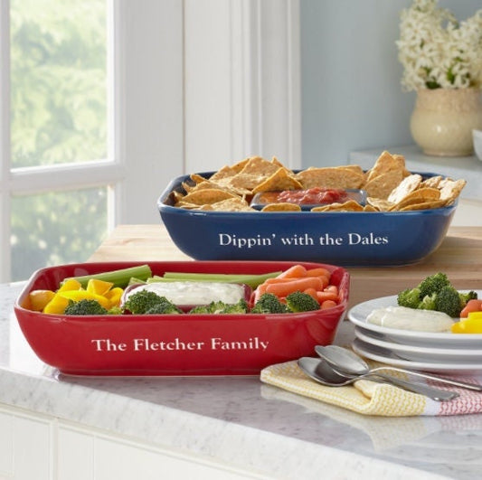 Chip and Dip Stoneware Serving Platter - Personalized, Appetizer Dessert Tray Home Parties Kitchen Gift for Mom Grandma, Oven Microwave Safe