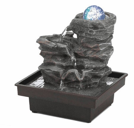 Water Fountain with Glass Orb On Rocks and LED Lights for Office Home Tabletop Decor, Zen Indoor Fountain, Relaxing Water Sound, 10.5" High