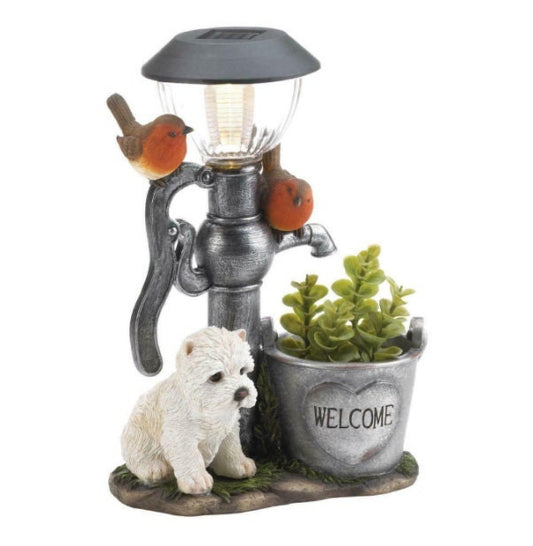 Cute Puppy Solar Garden Lights with Planter, Light Up Statue for Pathway Patio, Welcome Sign, Lawn Yard, Christmas Outdoor Decor, 12.25" H