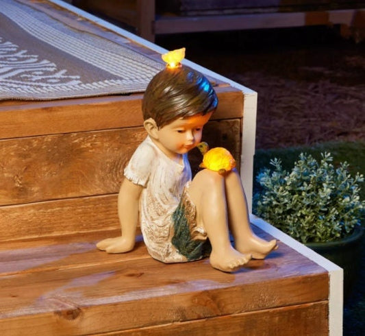 Solar Powered Statue for Garden, Little Boy & Friend Patio Porch Lighting, Lighted Lawn Ornament, Glow in the Dark Gardening Gift