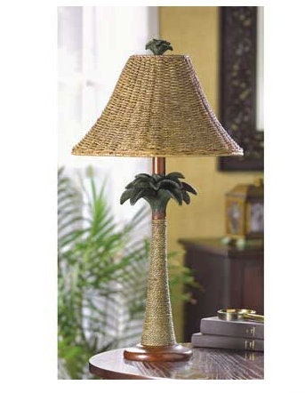 Vintage Palm Tree Woven Rattan Table Lamp | Tropical Coastal Night Light Bedside Lamp | Bedroom Office Desk Lighting, 25.5" Tall