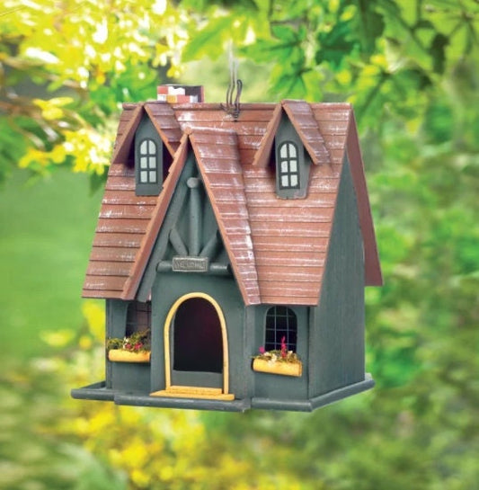 Garden Birdhouse, Deck Porch Patio, Outdoor Welcome Sign, Thatched Roof Hanging Bird Feeder for Hummingbirds and Wild Birds, 12.5" High