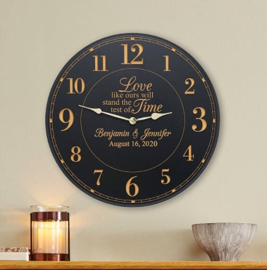 Personalized Test of Time Wedding Clock, Carved Name, Silent Non Ticking Battery Operated Home Office Anniversary Gift, Round 17" dia, Wood