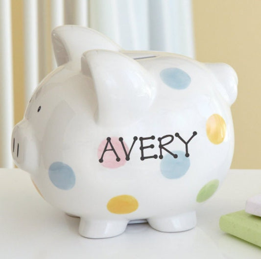 Personalized Ceramic Polka Dot Piggy Bank, Christmas Birthday Gift For Baby Kids, Girls, Boys, Nursery Decor, Custom Name, Large Size