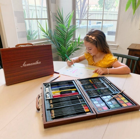 Personalized Wooden 80 Piece Art Set Crafts Drawing Painting Kit, Creative Gift Box for Artist, Kids, Teens Adults, Custom Name, 7 Designs