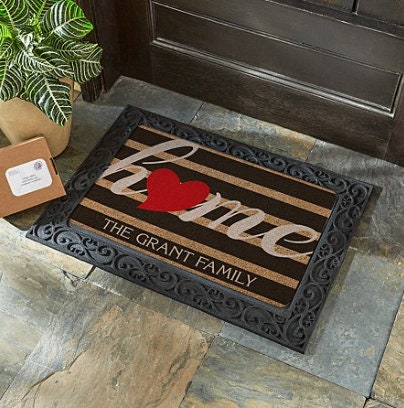 Personalized Striped Heart Home Doormat, Step-On Doormat