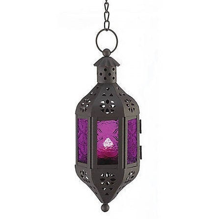 Mystical Moroccan Decorative Candle Lantern Holder for Patio, Home Decor and Weddings, Indoor Outdoor - Purple Glass, Metal Frame, 10" High