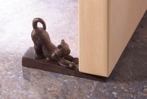 All Surface Cat Door Stopper | Heavy Duty Rustic Door Stop, Gift for Feline Animal Lovers, Cast Iron Door Wedge, 3.75" High