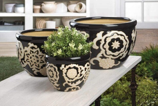 Set of 3 Black and White Flower Pattern Ceramic Planter, Garden, Patio Indoor Outdoor Flowers and Succulent Pots with Drain Hole,