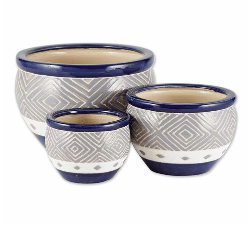 Ceramic Plant Pots Set of 3 Indoor Outddor Flower Planter w/ Drainage Hole, Gifts for Mom, Grandma, Patio Lawn Garden Decor, 2 Designs