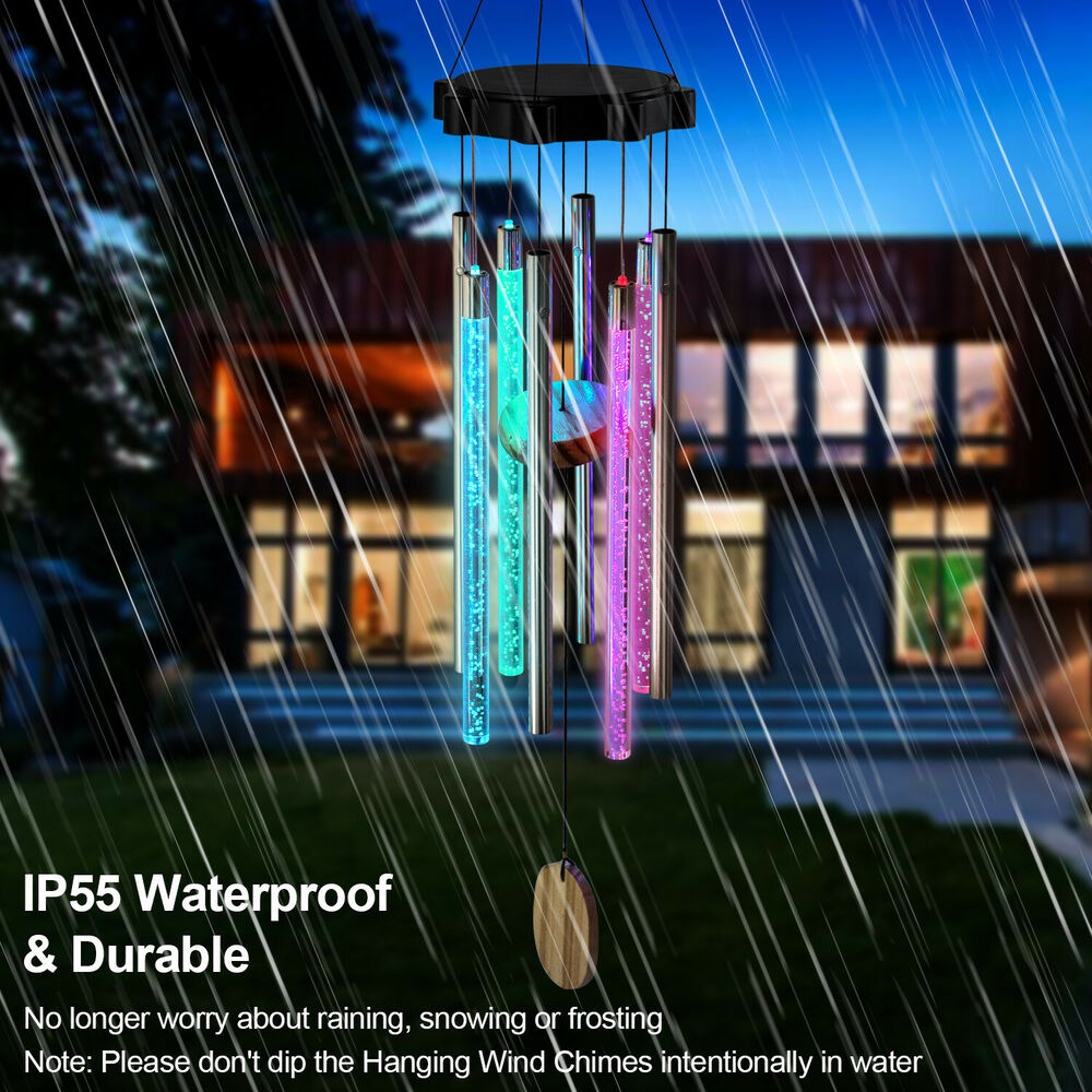 Color Changing Solar Wind Chimes LED Lights Large Deep Tone Resonant Bell Tubes