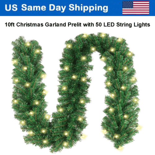 10ft Christmas Garland Prelit with 50 LED Warm White String Lights Holiday Decor