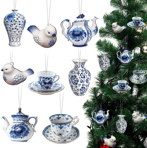 Christmas Chinoiserie Ornaments Hanging Pendant Blue and White Porcelain 32PCS