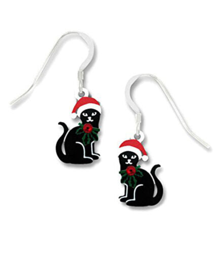 CHRISTMAS BLACK CAT EARRINGS 1918 Sterling Silver Santa Hat Jewelry