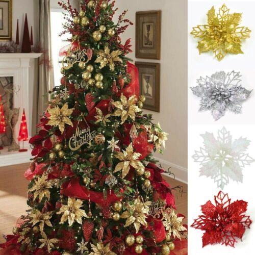 10Pcs Glitter Christmas Poinsettia Hanging Flowers Xmas Party Tree Decoration 5"