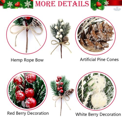 10× Artificial Flower Christmas Red Berry Pine Cone & Holly Branch Floral Decor