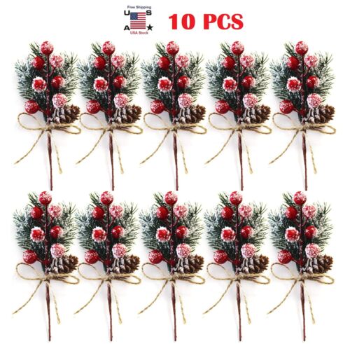 10× Artificial Flower Christmas Red Berry Pine Cone & Holly Branch Floral Decor