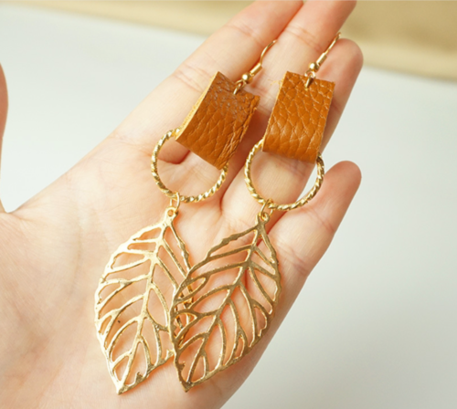 Bohemian BOHO Genuine Cowhide Leather Drop Earrings Leaf Jewelry