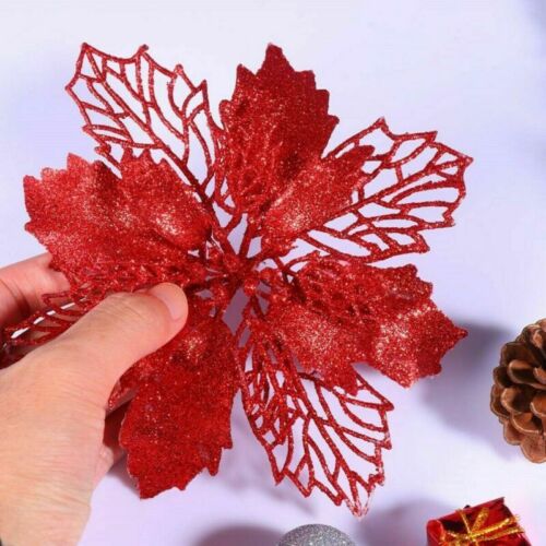 10Pcs Glitter Christmas Poinsettia Hanging Flowers Xmas Party Tree Decoration