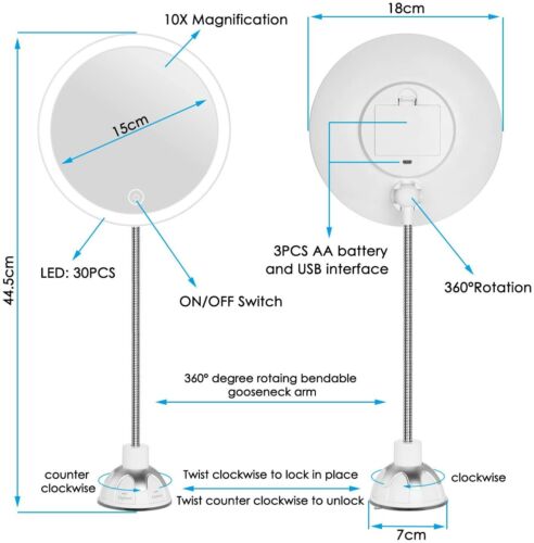 10x Magnifying LED Lighted Makeup Mirror Gooseneck USB Tabletop Bathroom Bedroom