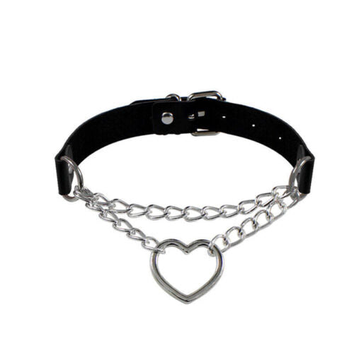 Leather Choker Necklace Adjustable Heart Chain Neck Collar Goth Punk Jewelry