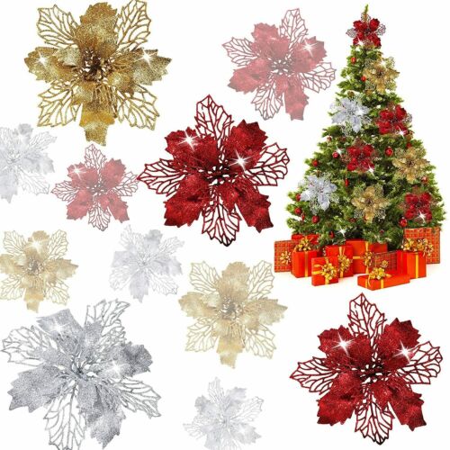 10Pcs Glitter Christmas Poinsettia Hanging Flowers Xmas Party Tree Decoration 5"