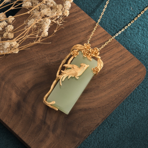 Jade Gem Jewelry Phoenix Bird Charm Pendant With Chain Necklace 18K Gold Plated