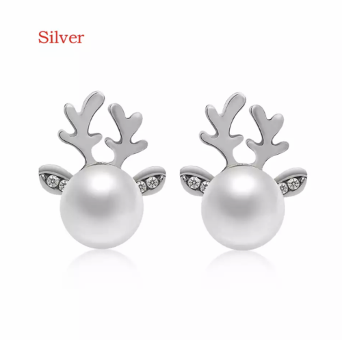 Women Fashion Jewelry Christmas Reindeer Rhinestone Pearl Earrings