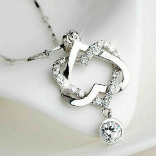 Gorgeous 925 Silver Necklace Pendant Women Cubic Zircon Jewelry Double Heart USA