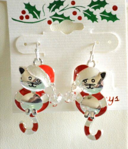 Santa Cat / Candy Cane Christmas Fish Hook Earrings / Silver-tone / Cat Jewelry