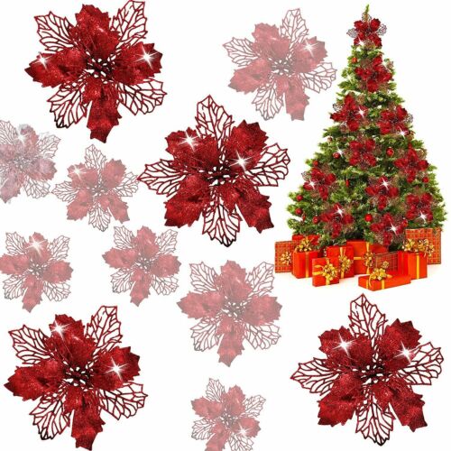 10Pcs Glitter Christmas Poinsettia Hanging Flowers Xmas Party Tree Decoration 5"