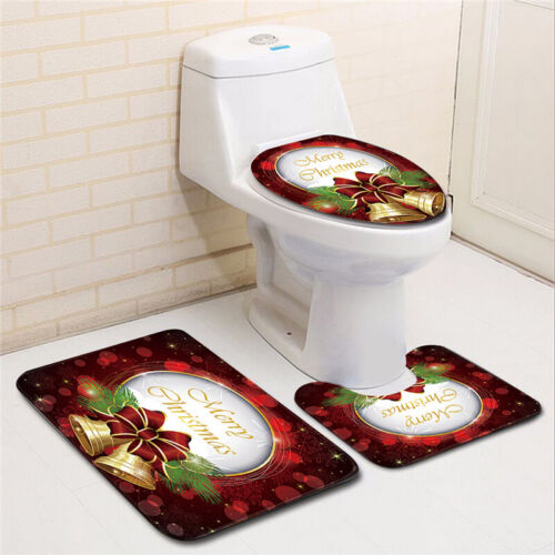 Merry Christmas Bath Rug Mat Toilet Lid Cover Decor Set