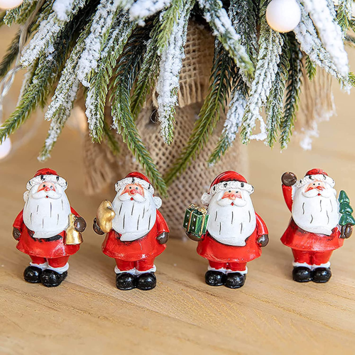 4 Pack Mini Santa Christmas Figurines, Resin Classic Santa with Christmas Tree & Gifts for Tabletop