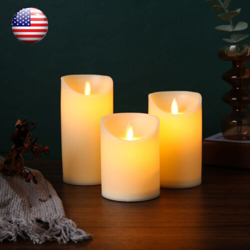 3 Pack Candles Luminara Flameless LED Timer Remote WAX Pillar Ivory Moving Wick