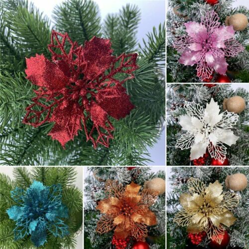 10Pcs Glitter Christmas Poinsettia Hanging Flowers Xmas Party Tree Decoration 5"