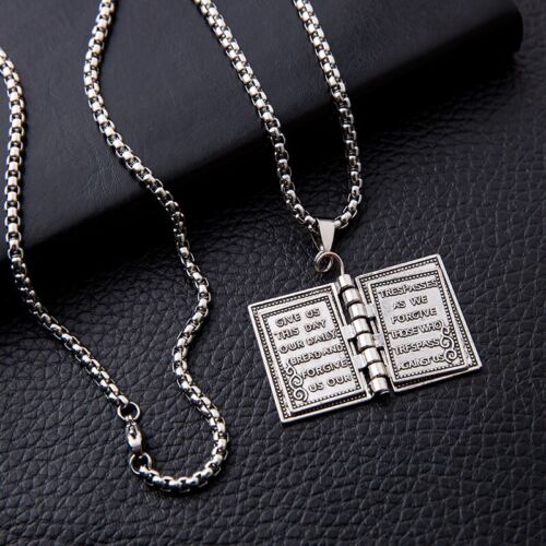 Vintage Silver Cross Bible Book Pendant Necklace Unique Jewelry For Men Women