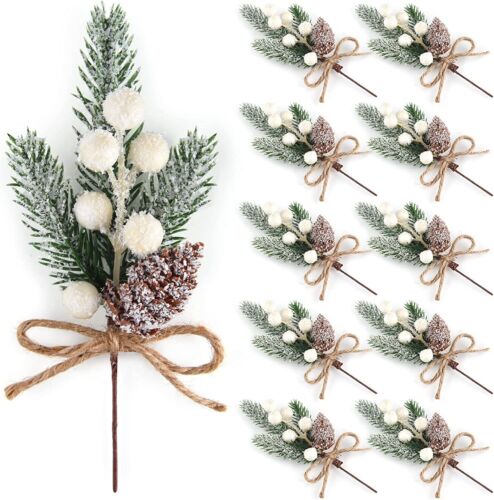 10× Artificial Flower Christmas Red Berry Pine Cone & Holly Branch Floral Decor