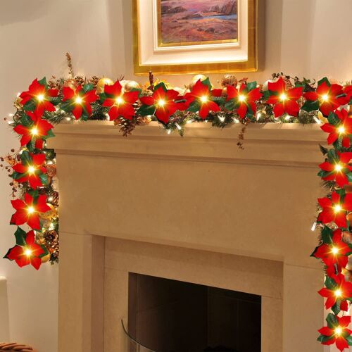 Pre-Lit Christmas Garland with lights Red Berries Leaves Christmas Decorations
