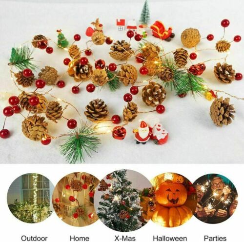 7ft Pre Lit Christmas Garland LED String Lights Pine Cones Fireplace Decoration