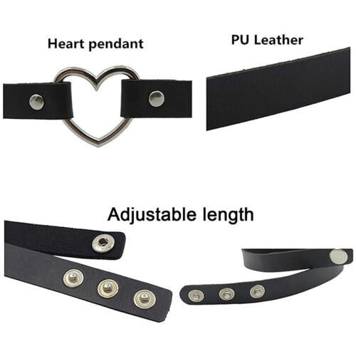 Leather Choker Necklace Adjustable Heart Chain Neck Collar Goth Punk Jewelry