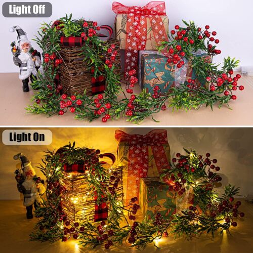 Pre Lit Artificial Christmas Wreath Garland with Lights Red Berries Xmas Decor