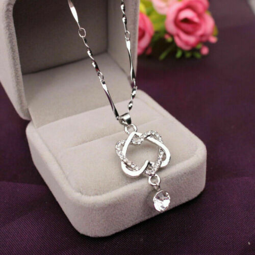 Gorgeous 925 Silver Necklace Pendant Women Cubic Zircon Jewelry Double Heart USA