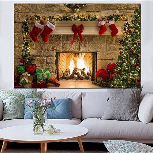 Merry Christmas TapestryWall TapestryFireplace Christmas Tree with Christmas