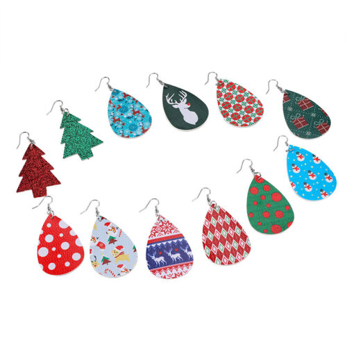 12 Pairs Christmas Faux Leather Teardrop Dangle Earrings Xmas Jewelry for Women