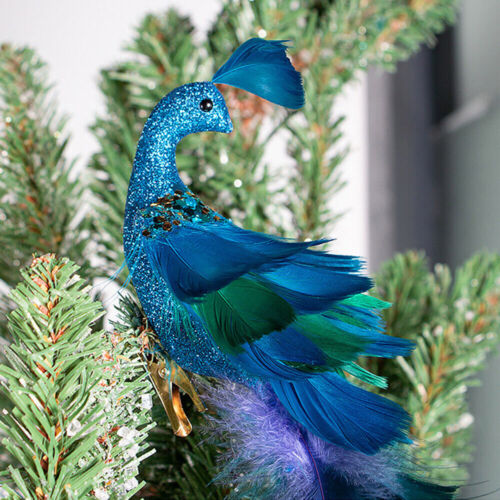 19" Peacock Christmas Ornament Glittered Bird with Feather Xmas Tree Decoration